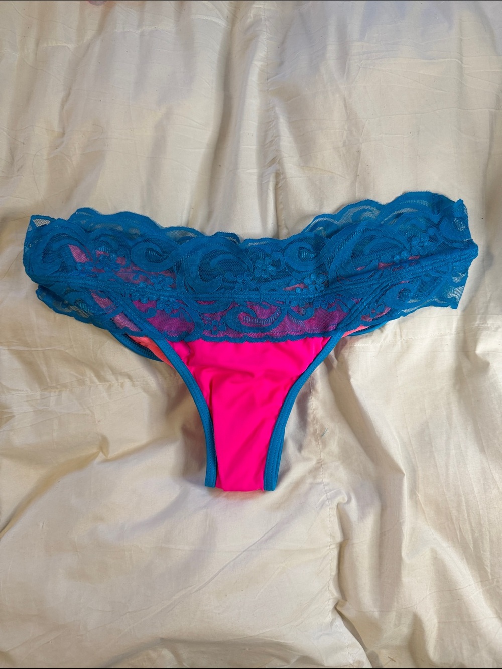 Doll Swimwear Maui Hot Pink & Turquoise Lace Band Scrunch Bikini Bottom -Small